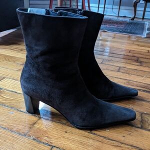 Aquatalia chocolate brown block heel pointed toe mid calf boot